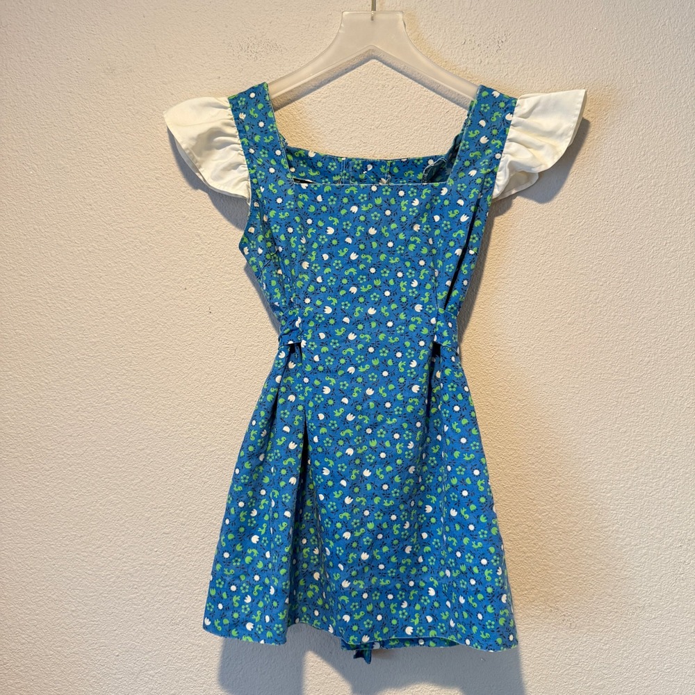 Vintage Handmade‎ Girls Blue Floral Bird Print Romper Flutter Sleeve Tie Waist